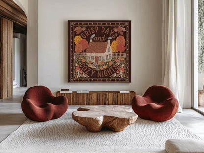 Autumn Days IV Dark by Laura Marshall. Shown as extra-large giant wall art in a modern living room. Available as an archival giclee rolled canvas, fine art paper, or poster print. SKU 90593a.