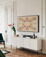 Autumn Days IX by Laura Marshall. shown as a framed stretched canvas in a living room above a console. Available as a archival giclee rolled canvas, fine art paper, or poster print. SKU 90587i.