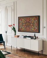 Autumn Days IX Dark by Laura Marshall. shown as a framed stretched canvas in a living room above a console. Available as a archival giclee rolled canvas, fine art paper, or poster print. SKU 90598i.