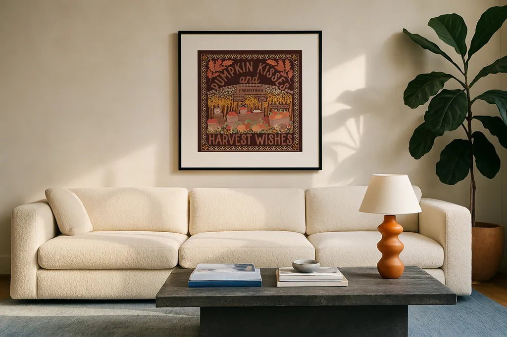 Autumn Days V Dark by Laura Marshall. Displayed in a glass frame with matte in a clean modern living room. Available as an archival giclee rolled canvas, fine art paper, or poster print. SKU 90594a.