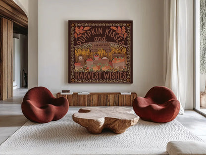 Autumn Days V Dark by Laura Marshall. Shown as extra-large giant wall art in a modern living room. Available as an archival giclee rolled canvas, fine art paper, or poster print. SKU 90594a.