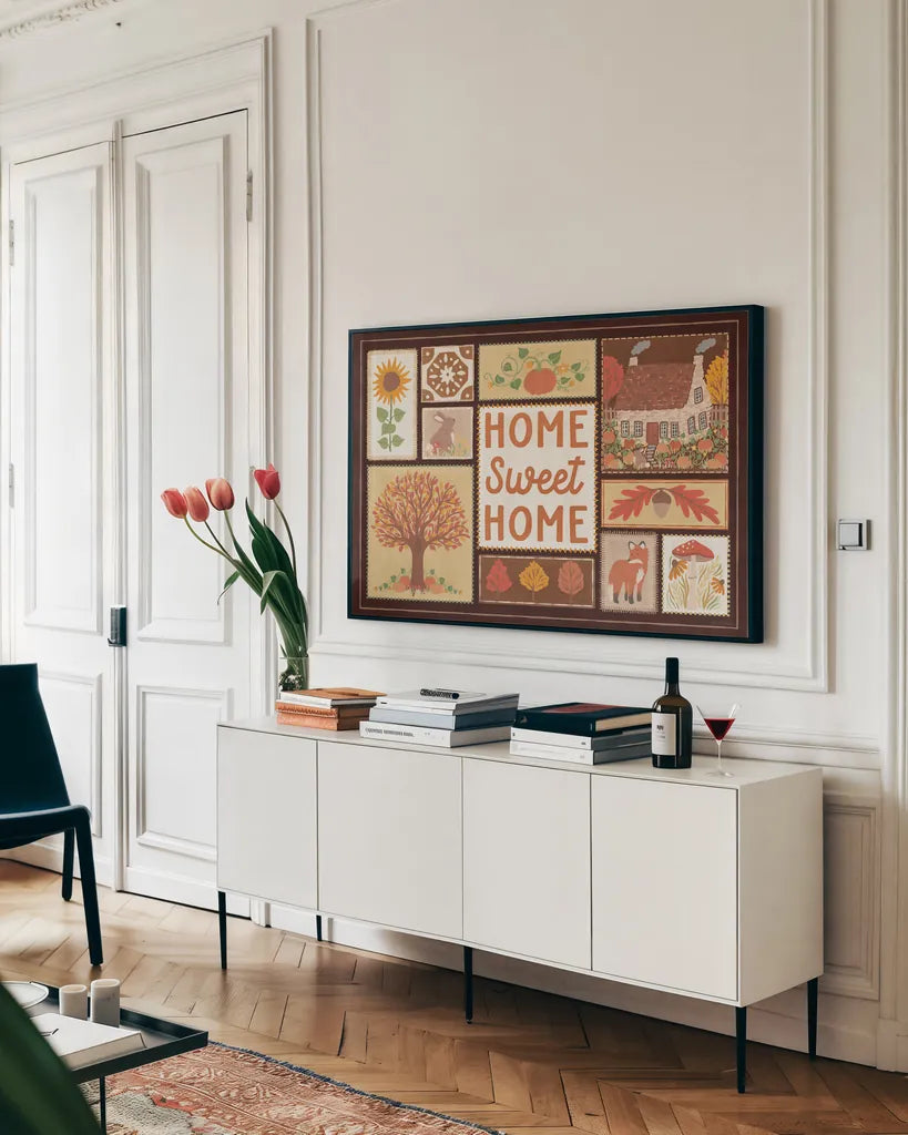 Autumn Days VI Dark by Laura Marshall. shown as a framed stretched canvas in a living room above a console. Available as a archival giclee rolled canvas, fine art paper, or poster print. SKU 90595i.