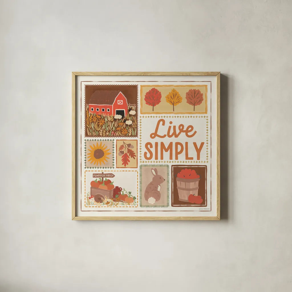 Autumn Days VII by Laura Marshall. Shown in a natural wood glass frame for a timeless modern aesthetic. Available as an archival giclee rolled canvas, fine art paper, or poster print. SKU 90585a.