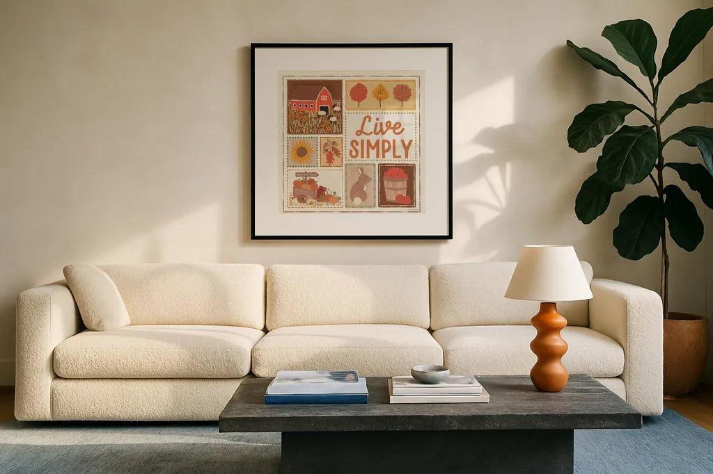 Autumn Days VII by Laura Marshall. Displayed in a glass frame with matte in a clean modern living room. Available as an archival giclee rolled canvas, fine art paper, or poster print. SKU 90585a.