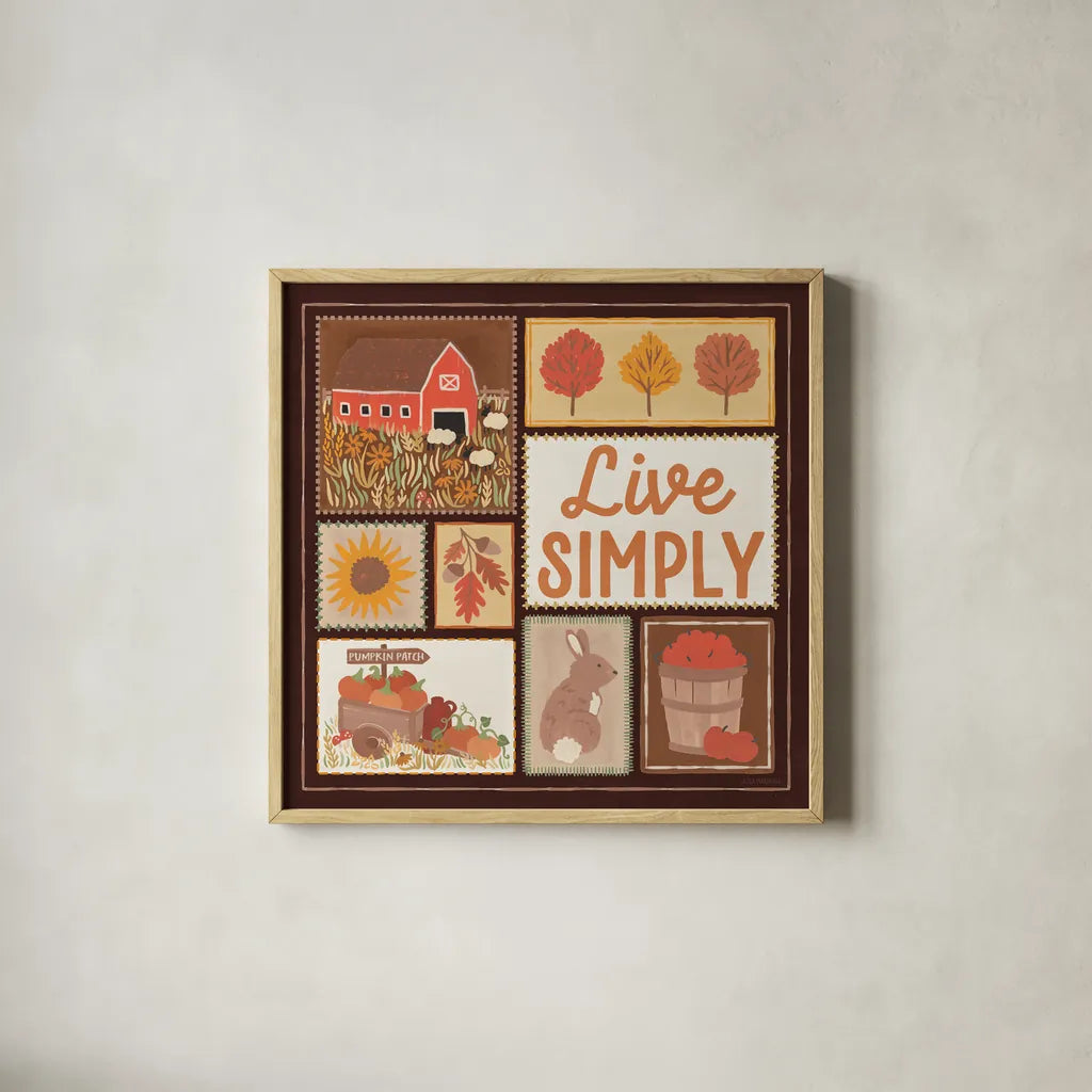 Autumn Days VII Dark by Laura Marshall. Shown in a natural wood glass frame for a timeless modern aesthetic. Available as an archival giclee rolled canvas, fine art paper, or poster print. SKU 90596a.