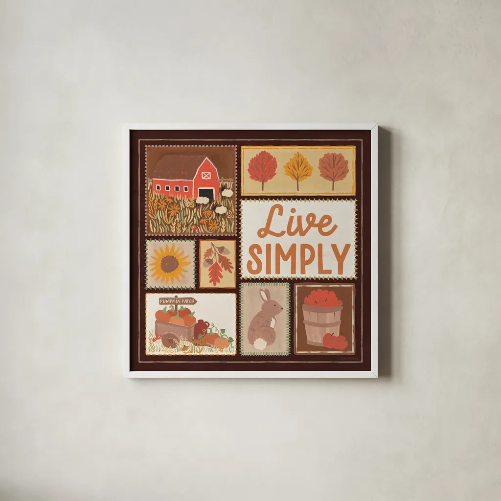 Autumn Days VII Dark by Laura Marshall. Shown in a crisp white glass frame for a clean and minimalist style. Available as an archival giclee rolled canvas, fine art paper, or poster print. SKU 90596a.