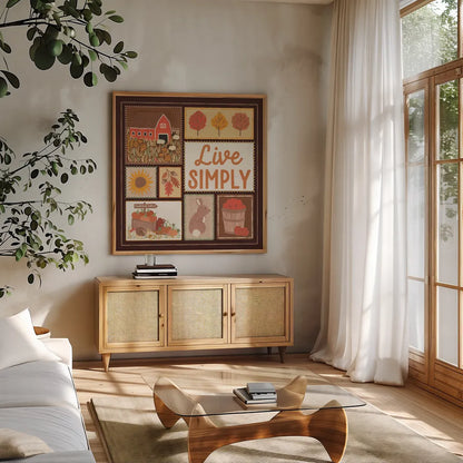 Autumn Days VII Dark by Laura Marshall. Shown in a natural wood frame in a cozy modern living room. Available as an archival giclee rolled canvas, fine art paper, or poster print. SKU 90596a.