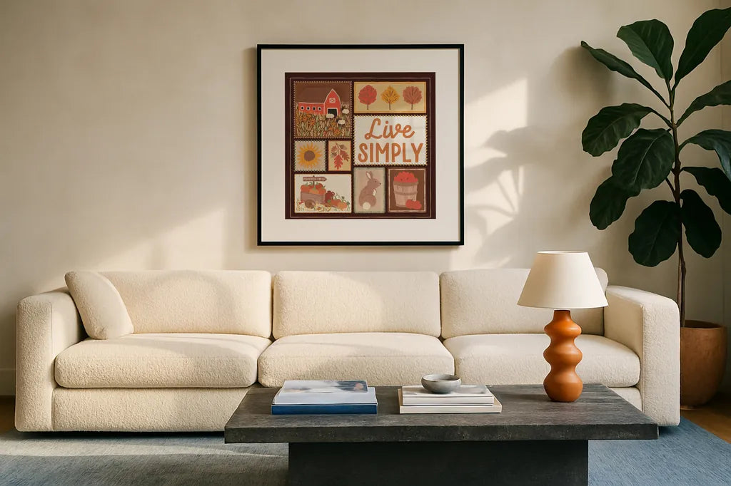Autumn Days VII Dark by Laura Marshall. Displayed in a glass frame with matte in a clean modern living room. Available as an archival giclee rolled canvas, fine art paper, or poster print. SKU 90596a.