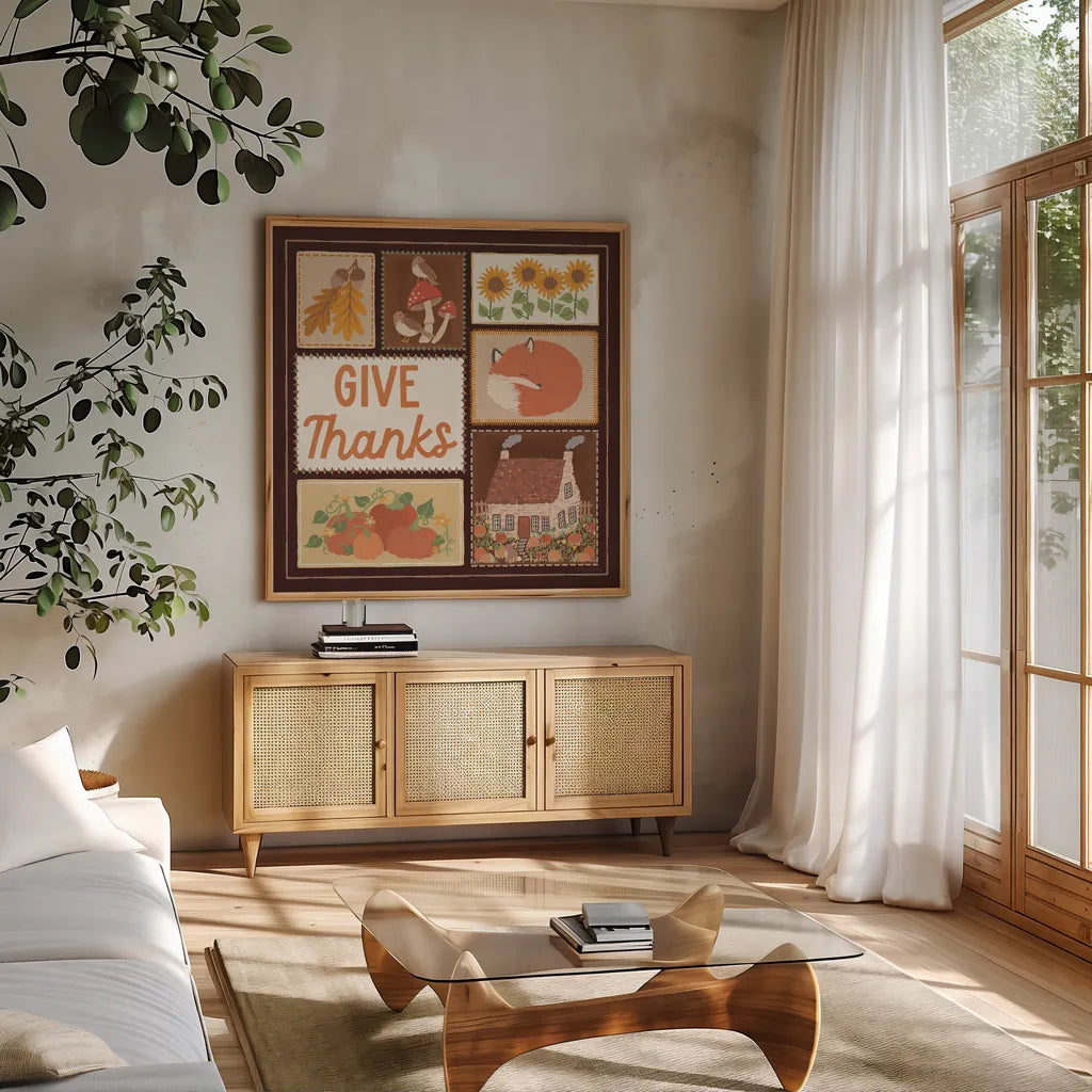 Autumn Days VIII Dark by Laura Marshall. Shown in a natural wood frame in a cozy modern living room. Available as an archival giclee rolled canvas, fine art paper, or poster print. SKU 90597a.