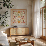 Autumn Days X by Laura Marshall. Shown in a natural wood frame in a cozy modern living room. Available as an archival giclee rolled canvas, fine art paper, or poster print. SKU 90588a.