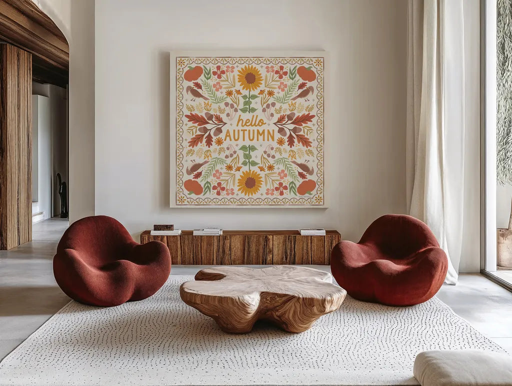 Autumn Days X by Laura Marshall. Shown as extra-large giant wall art in a modern living room. Available as an archival giclee rolled canvas, fine art paper, or poster print. SKU 90588a.