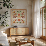 Autumn Days XI by Laura Marshall. Shown in a natural wood frame in a cozy modern living room. Available as an archival giclee rolled canvas, fine art paper, or poster print. SKU 90589a.