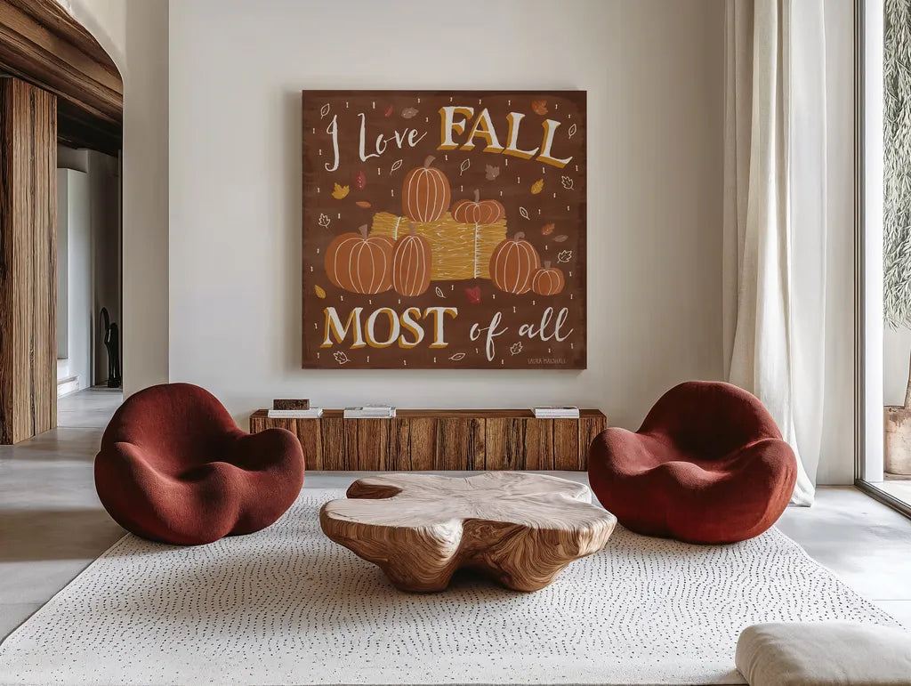 Autumn Enchantment V by Laura Marshall. Shown as extra-large giant wall art in a modern living room. Available as an archival giclee rolled canvas, fine art paper, or poster print. SKU 31593a.