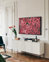 Autumn Flowers I by Laura Marshall. shown as a framed stretched canvas in a living room above a console. Available as a archival giclee rolled canvas, fine art paper, or poster print. SKU 63257i.