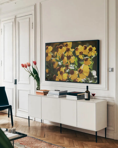 Autumn Flowers II by Laura Marshall. shown as a framed stretched canvas in a living room above a console. Available as a archival giclee rolled canvas, fine art paper, or poster print. SKU 63258i.