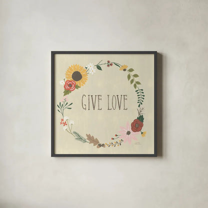 Autumn Garden Give Love by Laura Marshall. Shown in a sleek black glass frame for a contemporary gallery look. Available as an archival giclee rolled canvas, fine art paper, or poster print. SKU 36818a.