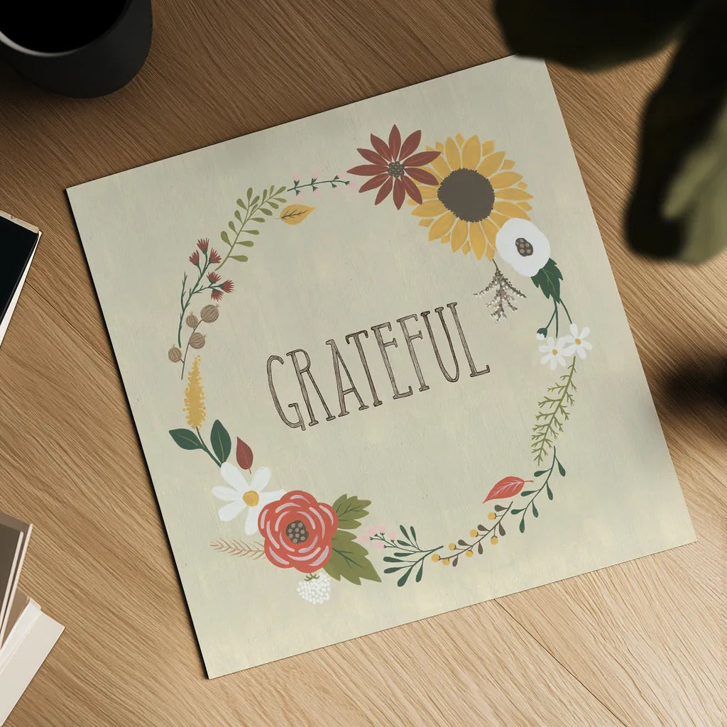 Autumn Garden Grateful by Laura Marshall. Shown as a detailed flat fine art print, highlighting archival giclee quality. Available as an archival giclee rolled canvas, fine art paper, or poster print. SKU 36816a.