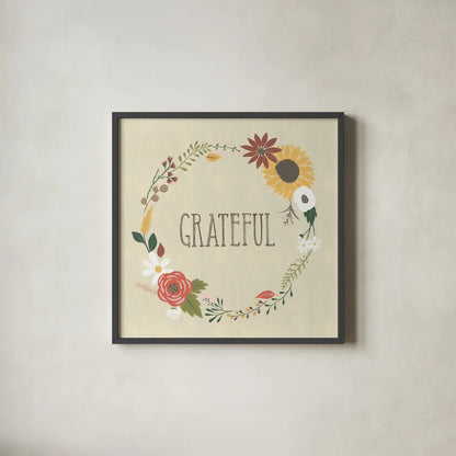 Autumn Garden Grateful by Laura Marshall. Shown in a sleek black glass frame for a contemporary gallery look. Available as an archival giclee rolled canvas, fine art paper, or poster print. SKU 36816a.