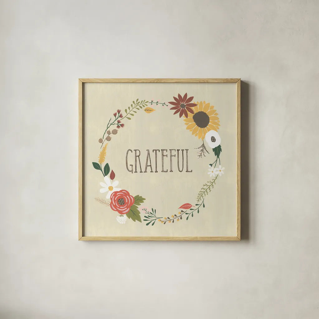 Autumn Garden Grateful by Laura Marshall. Shown in a natural wood glass frame for a timeless modern aesthetic. Available as an archival giclee rolled canvas, fine art paper, or poster print. SKU 36816a.