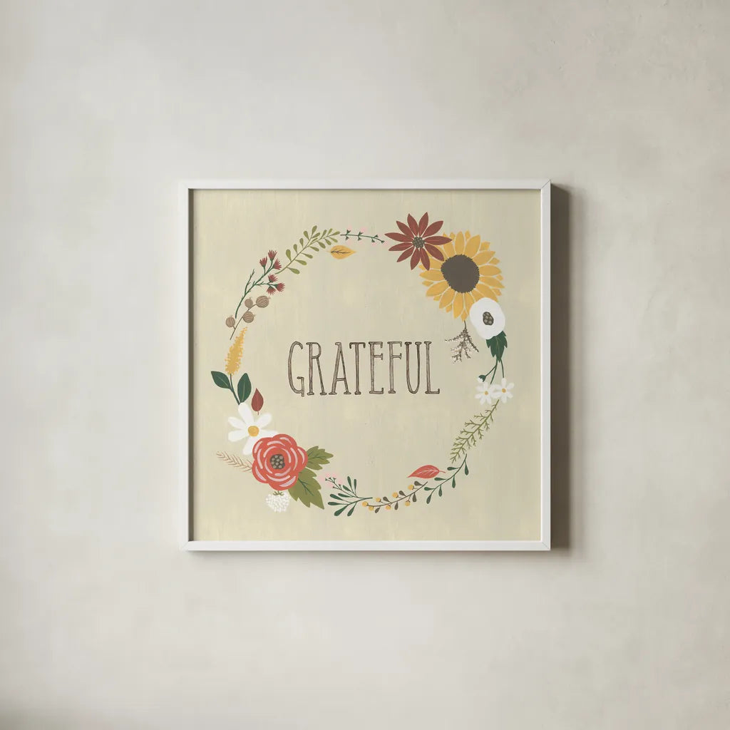 Autumn Garden Grateful by Laura Marshall. Shown in a crisp white glass frame for a clean and minimalist style. Available as an archival giclee rolled canvas, fine art paper, or poster print. SKU 36816a.