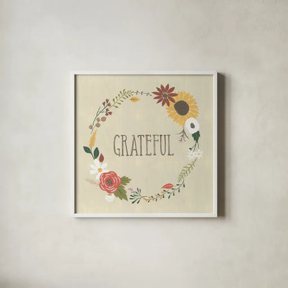 Autumn Garden Grateful by Laura Marshall. Shown in a crisp white glass frame for a clean and minimalist style. Available as an archival giclee rolled canvas, fine art paper, or poster print. SKU 36816a.