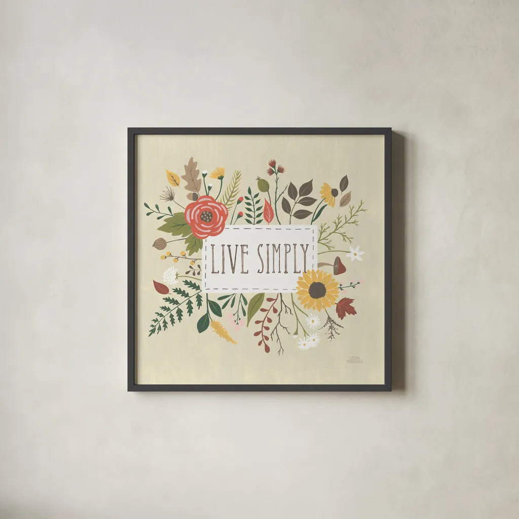 Autumn Garden I by Laura Marshall. Shown in a sleek black glass frame for a contemporary gallery look. Available as an archival giclee rolled canvas, fine art paper, or poster print. SKU 35867a.