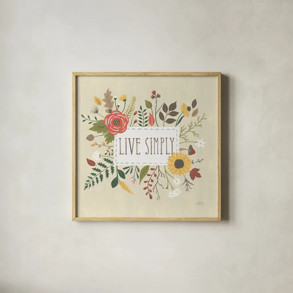 Autumn Garden I by Laura Marshall. Shown in a natural wood glass frame for a timeless modern aesthetic. Available as an archival giclee rolled canvas, fine art paper, or poster print. SKU 35867a.