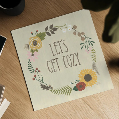 Autumn Garden Lets Get Cozy by Laura Marshall. Shown as a detailed flat fine art print, highlighting archival giclee quality. Available as an archival giclee rolled canvas, fine art paper, or poster print. SKU 36817a.