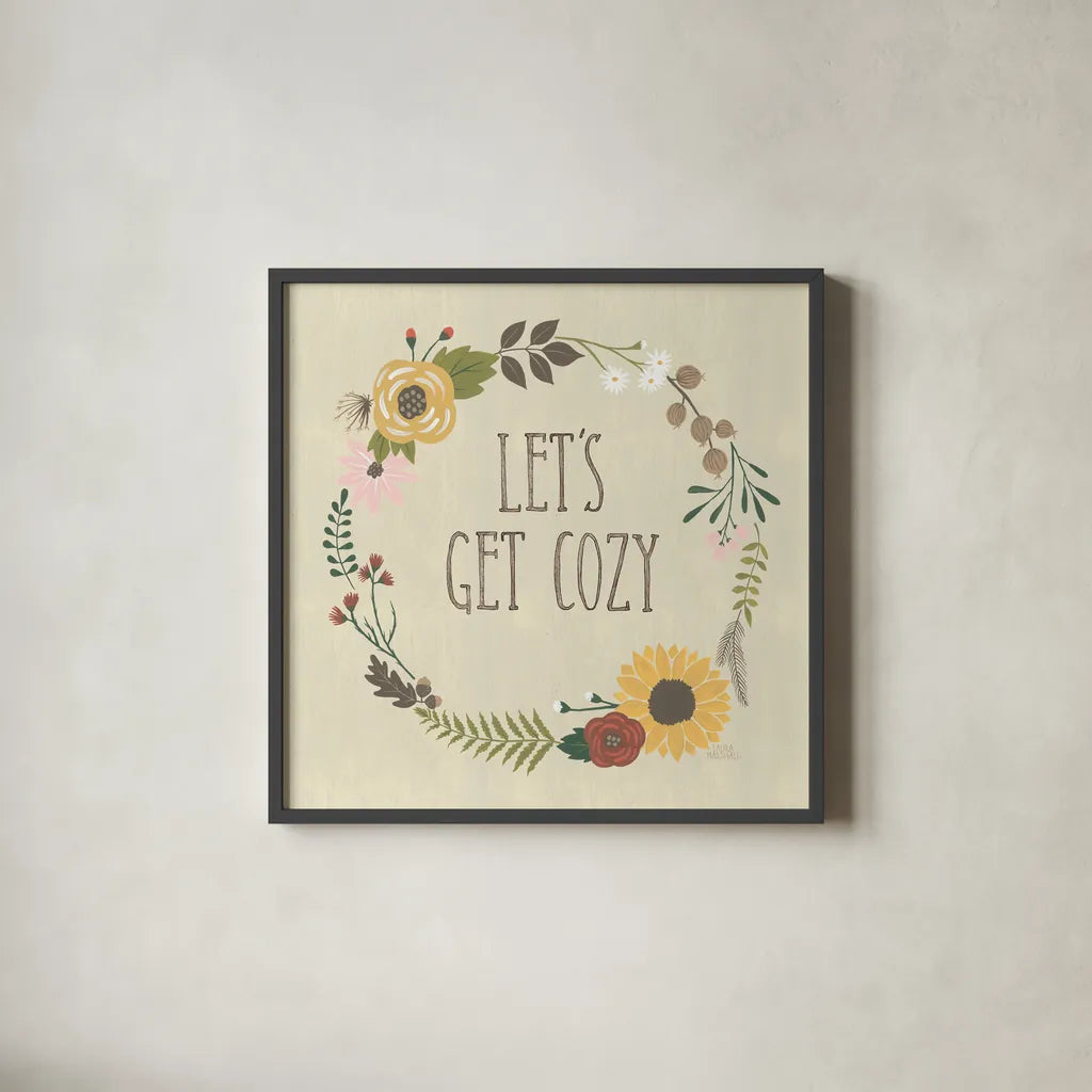 Autumn Garden Lets Get Cozy by Laura Marshall. Shown in a sleek black glass frame for a contemporary gallery look. Available as an archival giclee rolled canvas, fine art paper, or poster print. SKU 36817a.