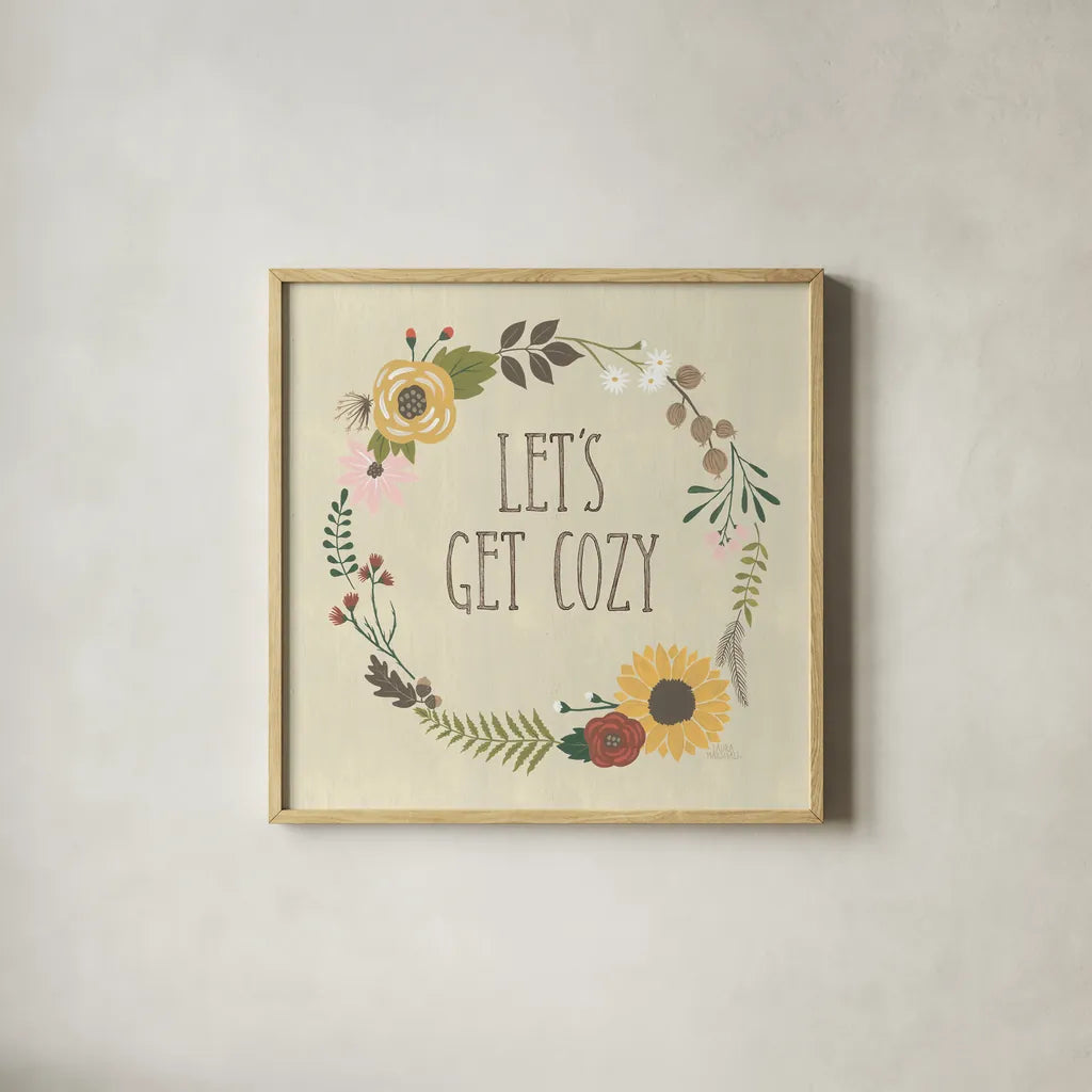 Autumn Garden Lets Get Cozy by Laura Marshall. Shown in a natural wood glass frame for a timeless modern aesthetic. Available as an archival giclee rolled canvas, fine art paper, or poster print. SKU 36817a.