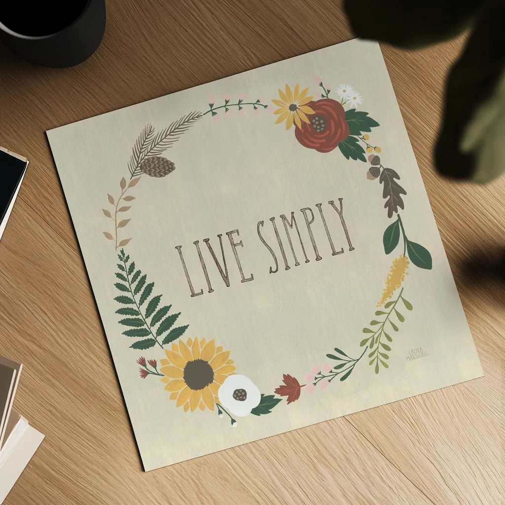 Autumn Garden Live Simply by Laura Marshall. Shown as a detailed flat fine art print, highlighting archival giclee quality. Available as an archival giclee rolled canvas, fine art paper, or poster print. SKU 36819a.