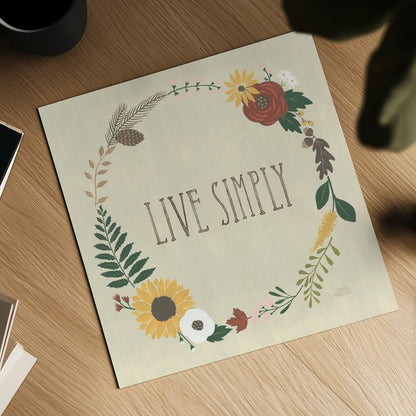 Autumn Garden Live Simply by Laura Marshall. Shown as a detailed flat fine art print, highlighting archival giclee quality. Available as an archival giclee rolled canvas, fine art paper, or poster print. SKU 36819a.