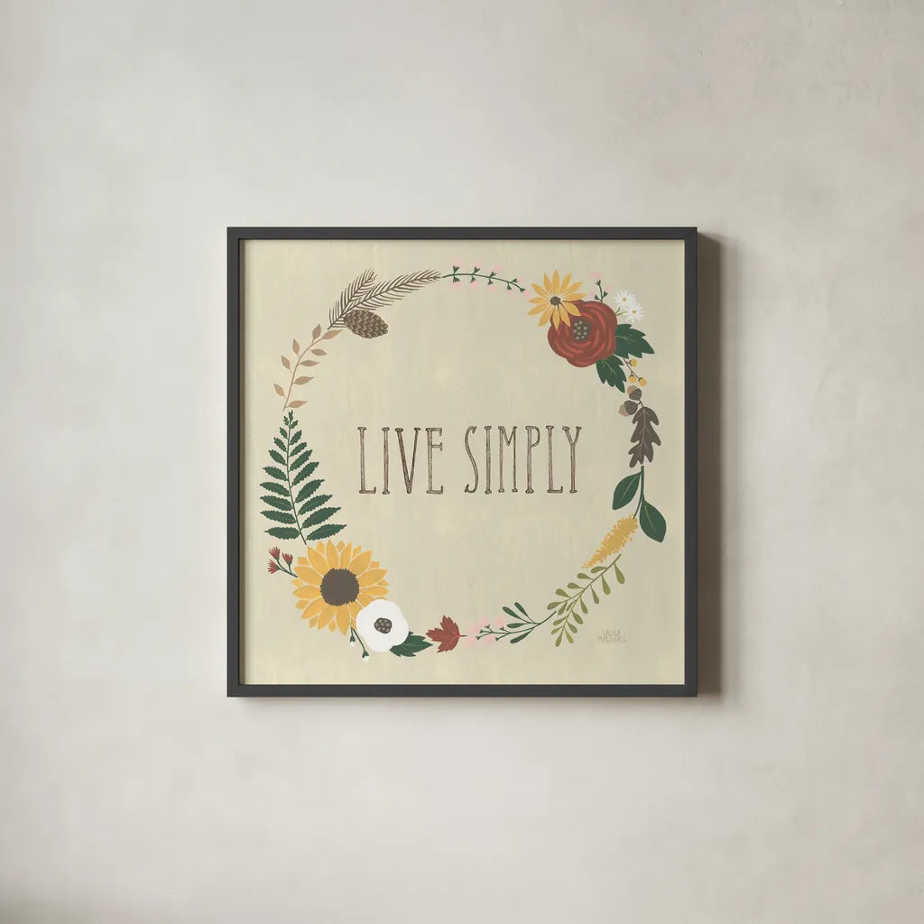 Autumn Garden Live Simply by Laura Marshall. Shown in a sleek black glass frame for a contemporary gallery look. Available as an archival giclee rolled canvas, fine art paper, or poster print. SKU 36819a.
