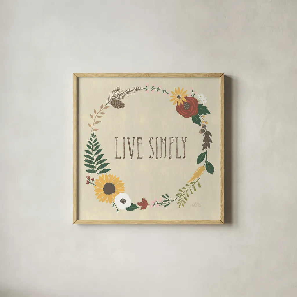 Autumn Garden Live Simply by Laura Marshall. Shown in a natural wood glass frame for a timeless modern aesthetic. Available as an archival giclee rolled canvas, fine art paper, or poster print. SKU 36819a.