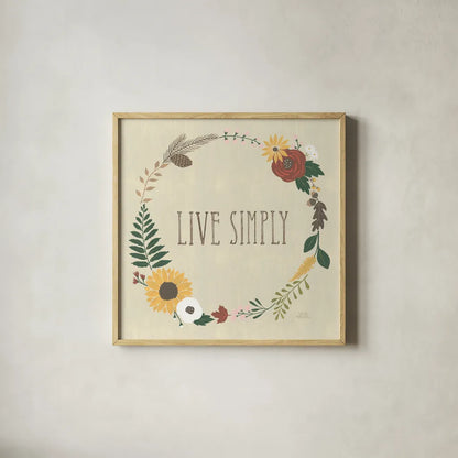 Autumn Garden Live Simply by Laura Marshall. Shown in a natural wood glass frame for a timeless modern aesthetic. Available as an archival giclee rolled canvas, fine art paper, or poster print. SKU 36819a.