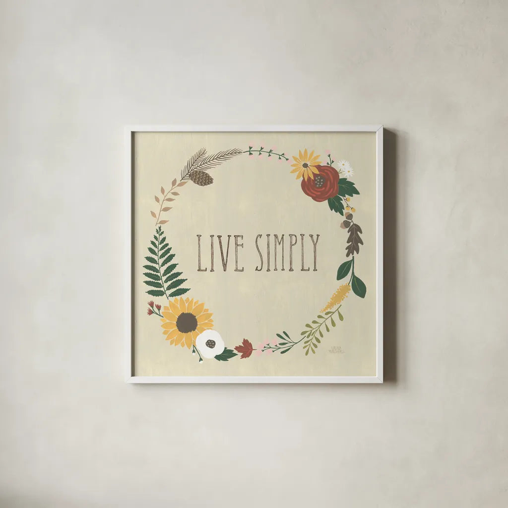 Autumn Garden Live Simply by Laura Marshall. Shown in a crisp white glass frame for a clean and minimalist style. Available as an archival giclee rolled canvas, fine art paper, or poster print. SKU 36819a.