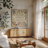 Autumn Garden V by Laura Marshall. Shown in a natural wood frame in a cozy modern living room. Available as an archival giclee rolled canvas, fine art paper, or poster print. SKU 35871a.