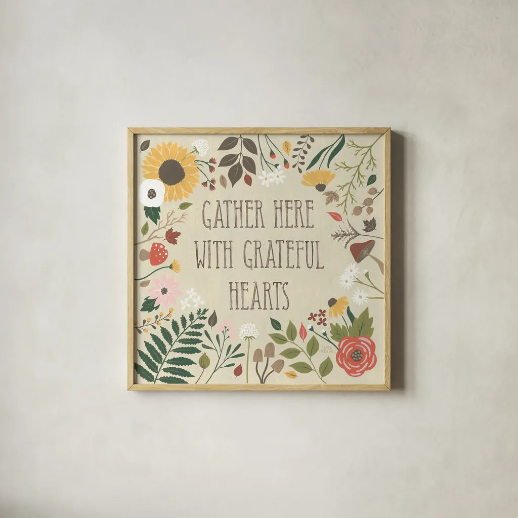 Autumn Garden VI by Laura Marshall. Shown in a natural wood glass frame for a timeless modern aesthetic. Available as an archival giclee rolled canvas, fine art paper, or poster print. SKU 35872a.