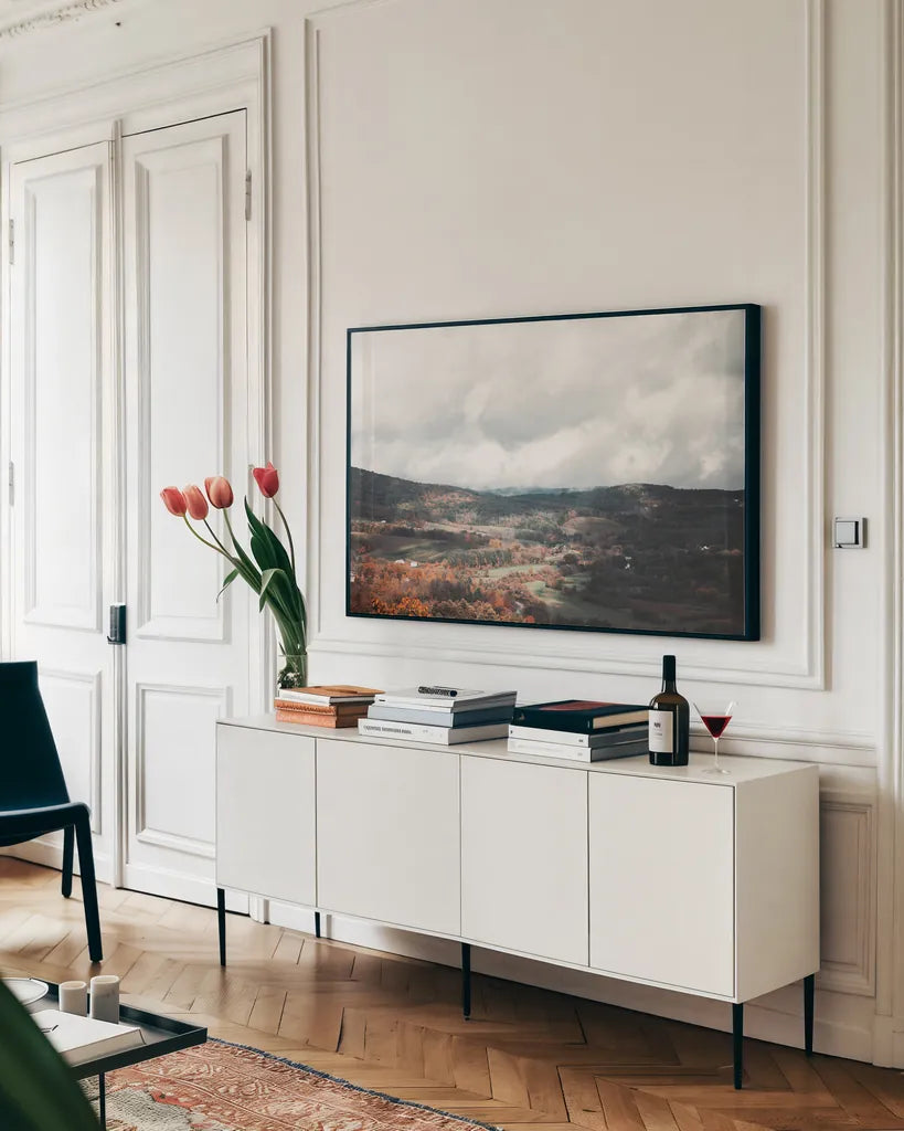 Autumn Hills II by Laura Marshall. shown as a framed stretched canvas in a living room above a console. Available as a archival giclee rolled canvas, fine art paper, or poster print. SKU 68100i.