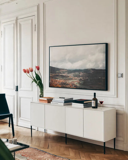 Autumn Hills II by Laura Marshall. shown as a framed stretched canvas in a living room above a console. Available as a archival giclee rolled canvas, fine art paper, or poster print. SKU 68100i.