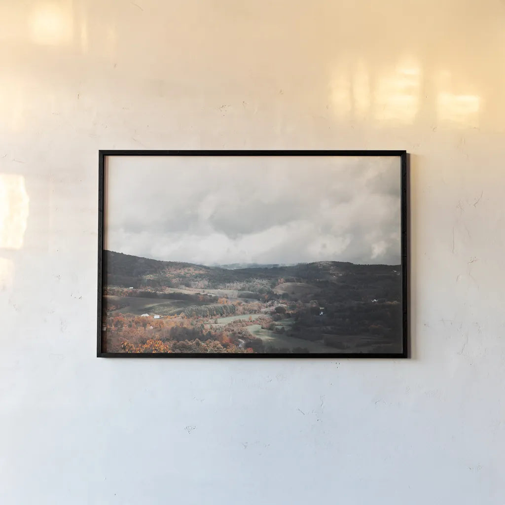 Autumn Hills II by Laura Marshall. shown as a paper print in a black flame. Available as a archival giclee rolled canvas, fine art paper, or poster print. SKU 68100i.