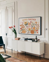 Autumn Meadow I by Laura Marshall. shown as a framed stretched canvas in a living room above a console. Available as a archival giclee rolled canvas, fine art paper, or poster print. SKU 82121i.