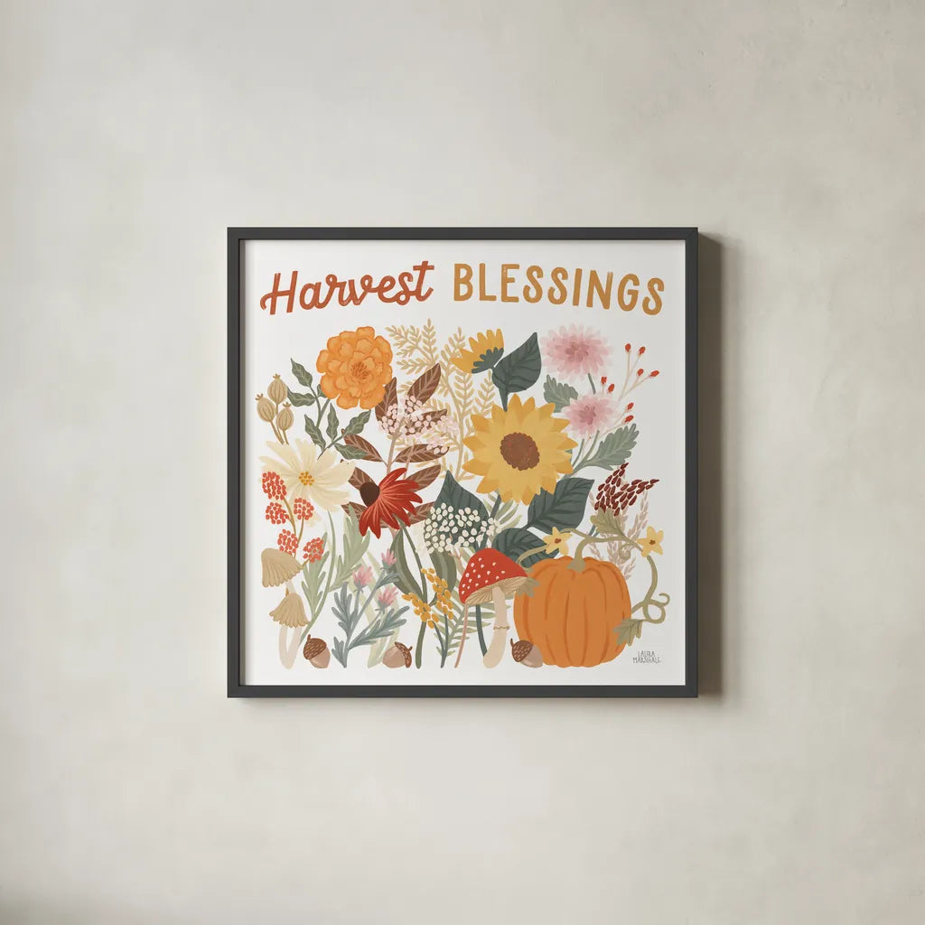 Autumn Meadow II by Laura Marshall. Shown in a sleek black glass frame for a contemporary gallery look. Available as an archival giclee rolled canvas, fine art paper, or poster print. SKU 82122a.