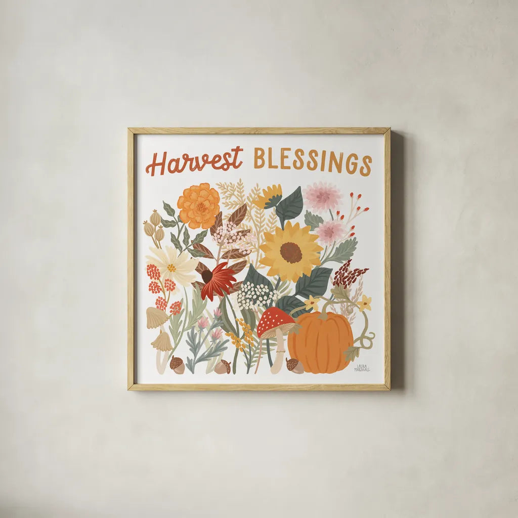 Autumn Meadow II by Laura Marshall. Shown in a natural wood glass frame for a timeless modern aesthetic. Available as an archival giclee rolled canvas, fine art paper, or poster print. SKU 82122a.