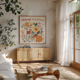 Autumn Meadow II by Laura Marshall. Shown in a natural wood frame in a cozy modern living room. Available as an archival giclee rolled canvas, fine art paper, or poster print. SKU 82122a.