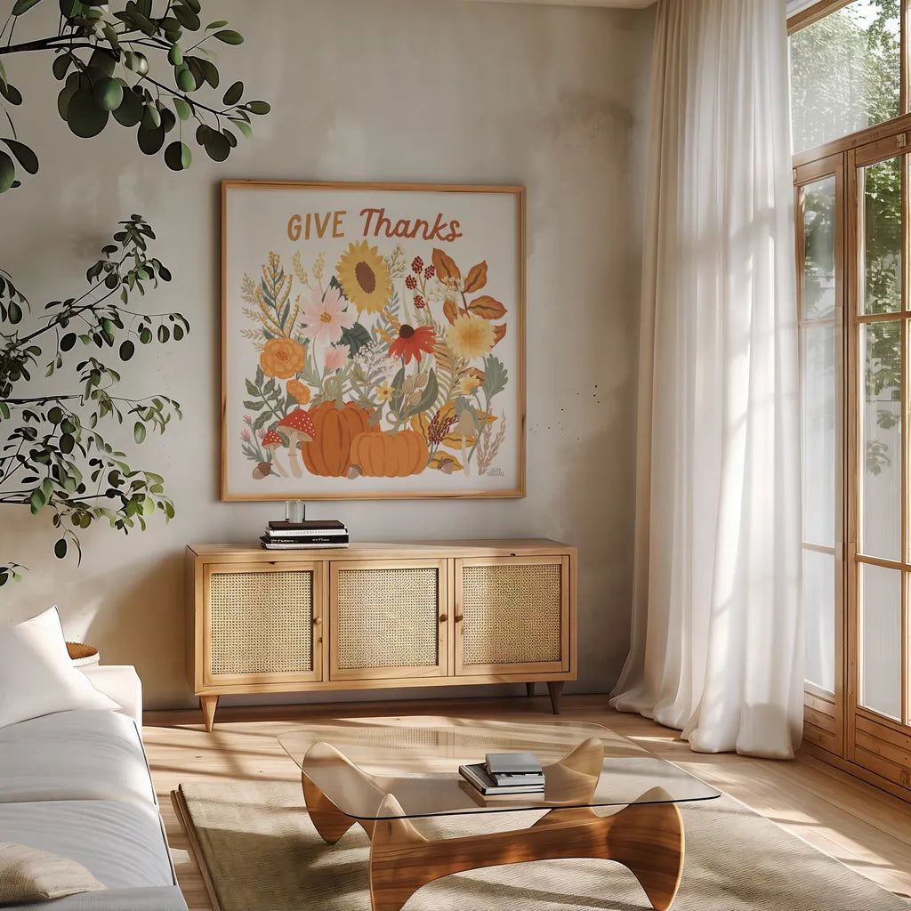 Autumn Meadow III by Laura Marshall. Shown in a natural wood frame in a cozy modern living room. Available as an archival giclee rolled canvas, fine art paper, or poster print. SKU 82123a.