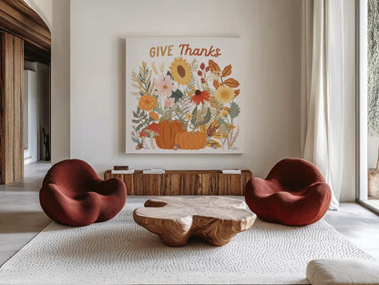 Autumn Meadow III by Laura Marshall. Shown as extra-large giant wall art in a modern living room. Available as an archival giclee rolled canvas, fine art paper, or poster print. SKU 82123a.