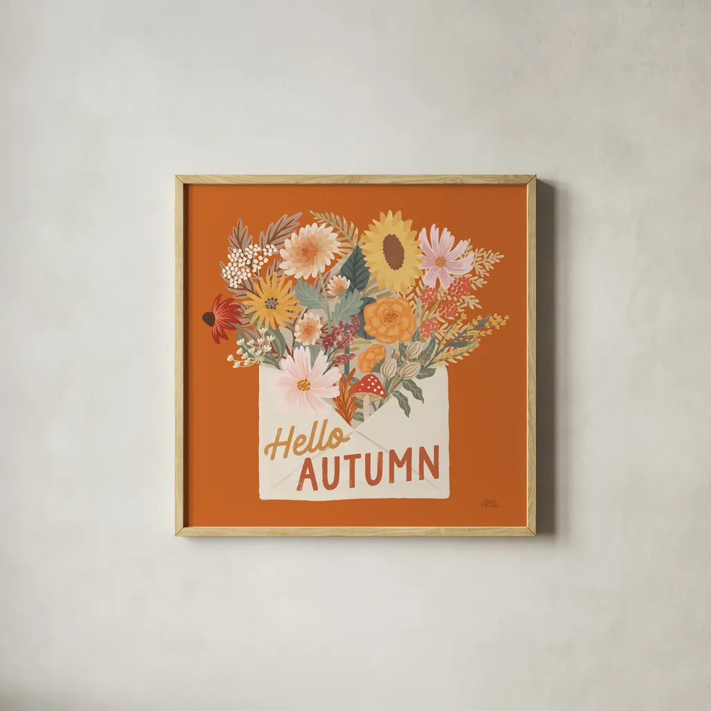 Autumn Meadow IV by Laura Marshall. Shown in a natural wood glass frame for a timeless modern aesthetic. Available as an archival giclee rolled canvas, fine art paper, or poster print. SKU 82124a.