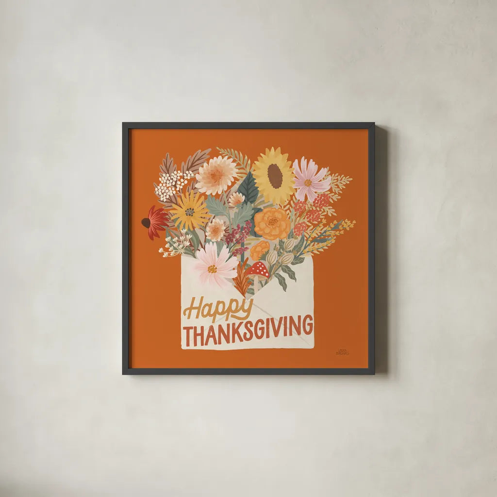 Autumn Meadow IV Happy Thanksgiving by Laura Marshall. Shown in a sleek black glass frame for a contemporary gallery look. Available as an archival giclee rolled canvas, fine art paper, or poster print. SKU 100247a.