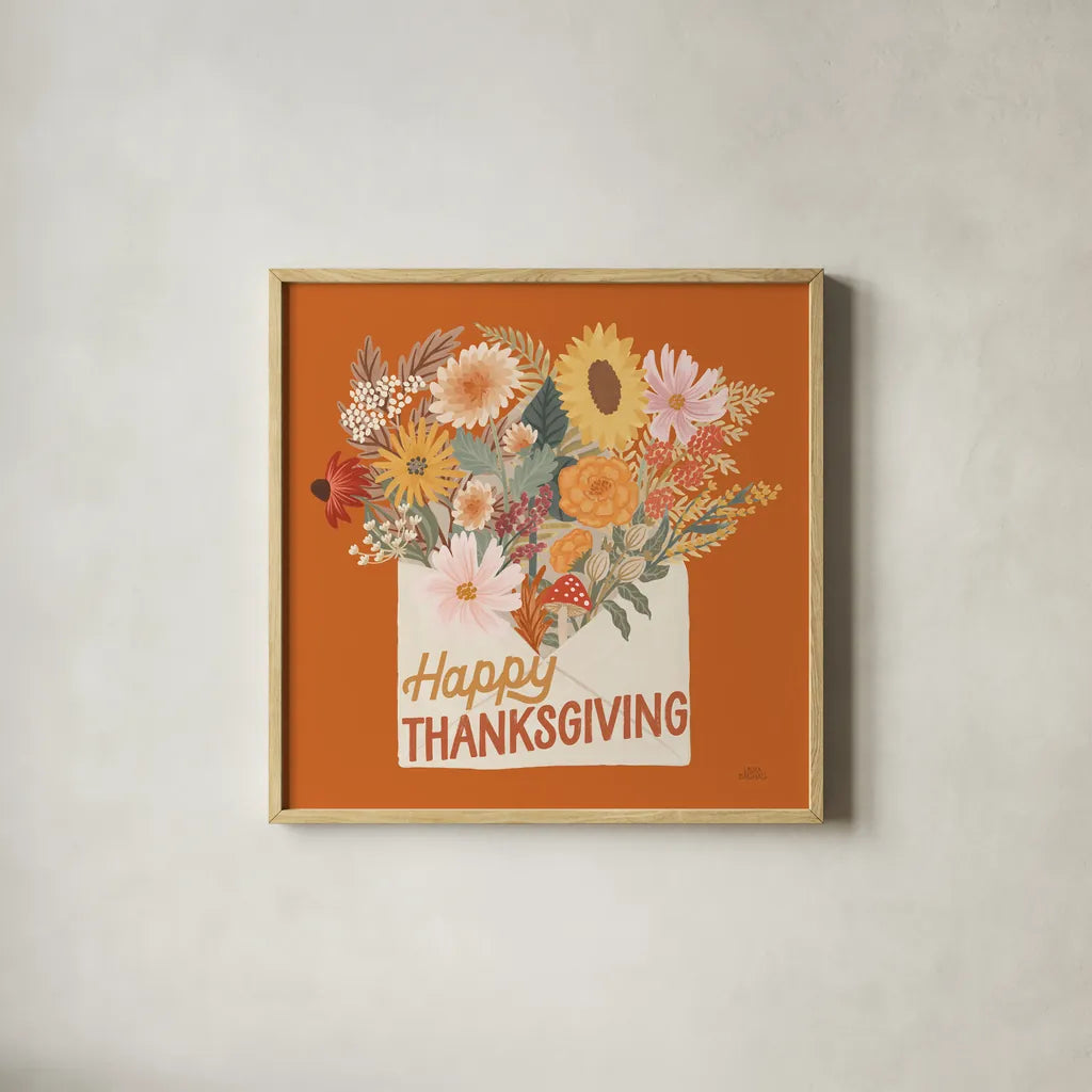 Autumn Meadow IV Happy Thanksgiving by Laura Marshall. Shown in a natural wood glass frame for a timeless modern aesthetic. Available as an archival giclee rolled canvas, fine art paper, or poster print. SKU 100247a.